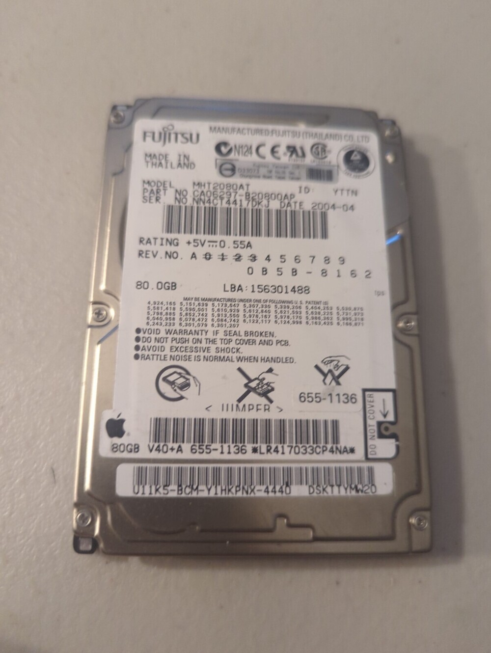 Fujitsu MHT2080AT PL , 2.5" HDD , 80 GB, 44-Pin IDE/PATA/ATAPI-6, tested working